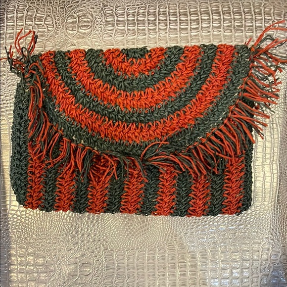 Universal Thread Handbags - Orange and Green Crochet Fringe Clutch